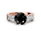Rose gold Fancy Black Round Cut Solitaire Princess Side Stone Engraved Band Prong Setting Ring