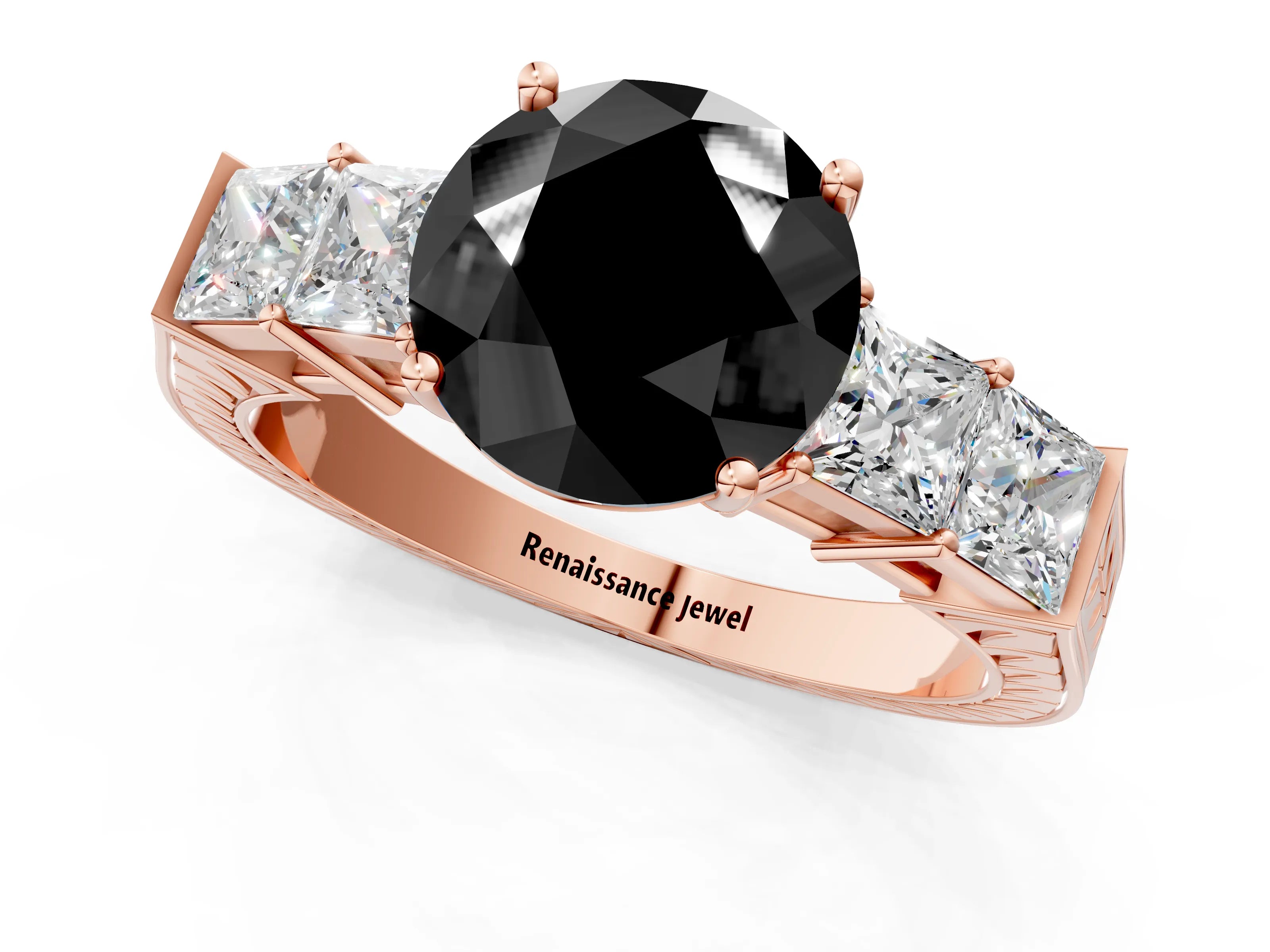 Rose gold Fancy Black Round Cut Solitaire Princess Side Stone Engraved Band Prong Setting Ring_1