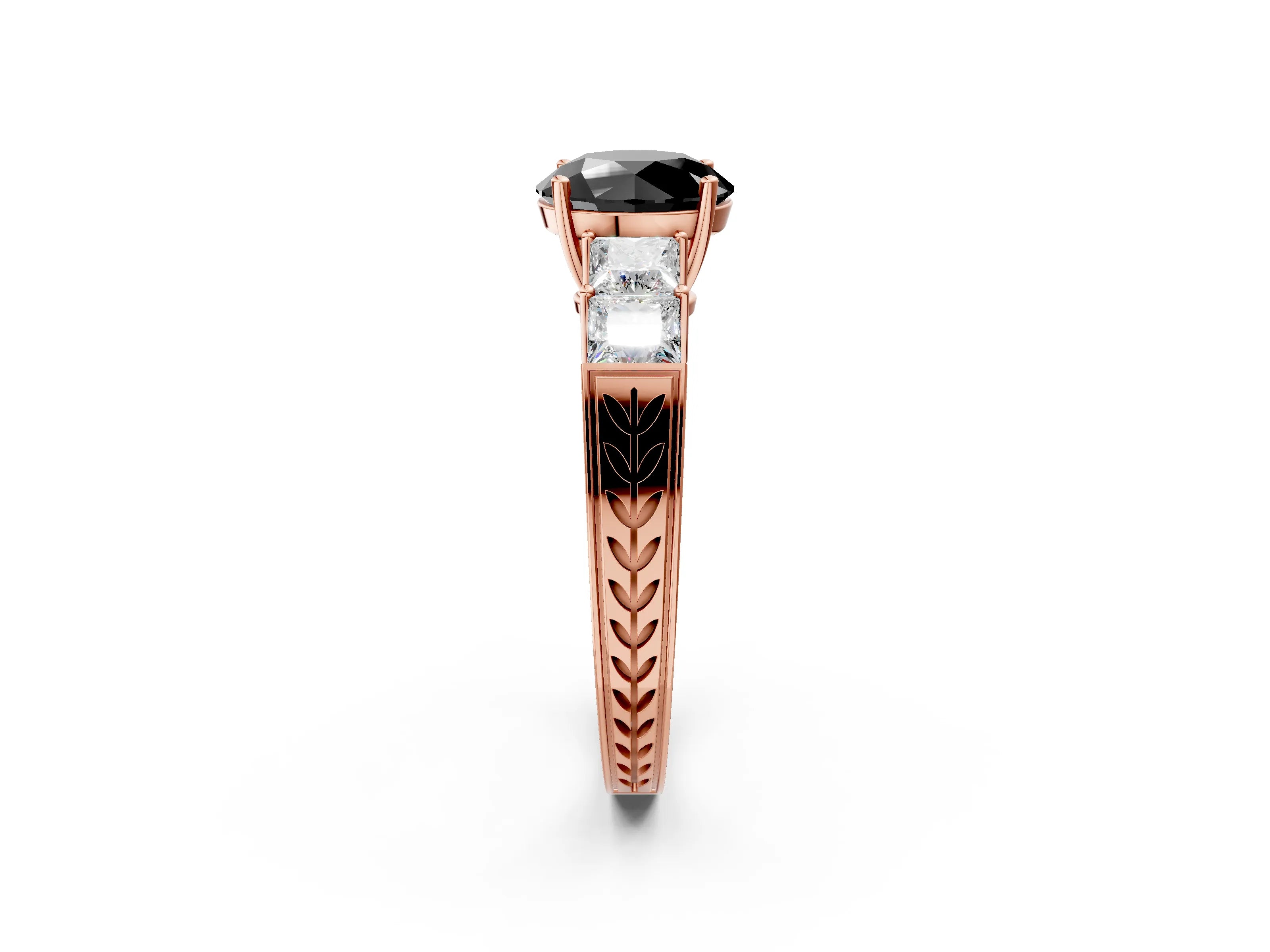 Rose gold Fancy Black Round Cut Solitaire Princess Side Stone Engraved Band Prong Setting Ring_2