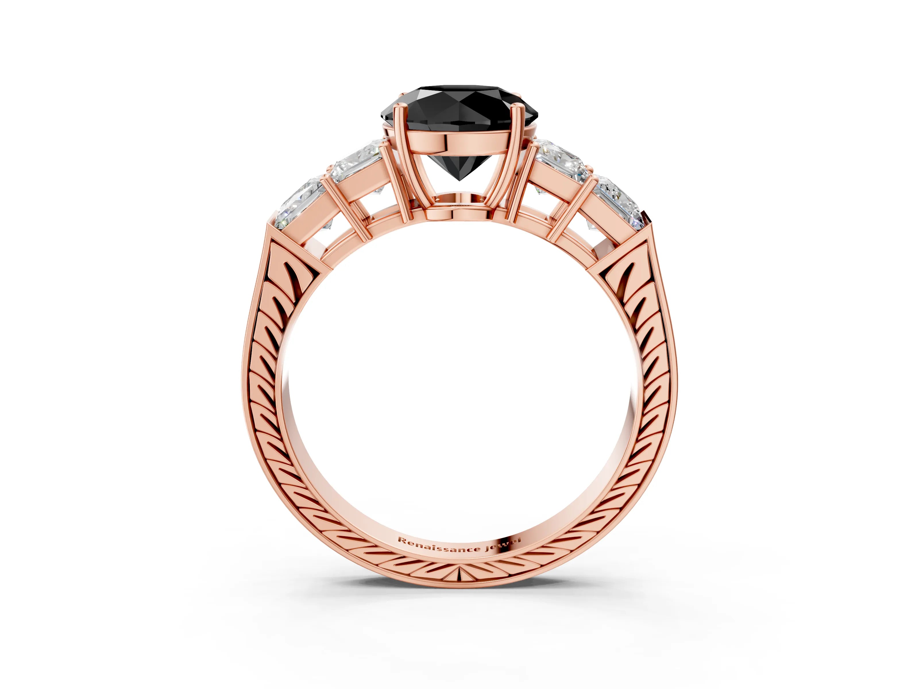 Rose gold Fancy Black Round Cut Solitaire Princess Side Stone Engraved Band Prong Setting Ring_3