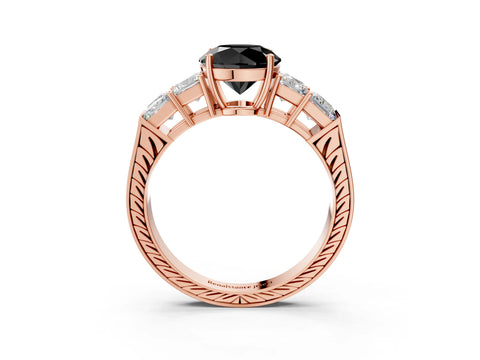 Rose gold Fancy Black Round Cut Solitaire Princess Side Stone Engraved Band Prong Setting Ring_3