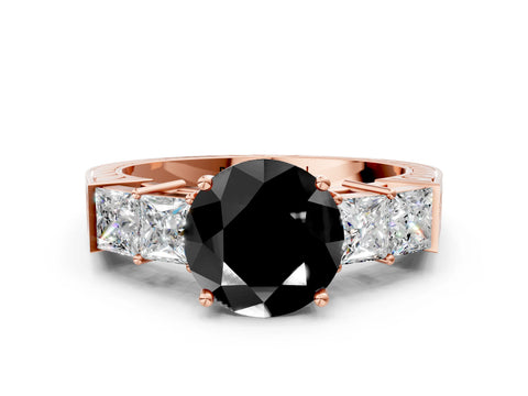 Rose gold Fancy Black Round Cut Solitaire Princess Side Stone Engraved Band Prong Setting Ring