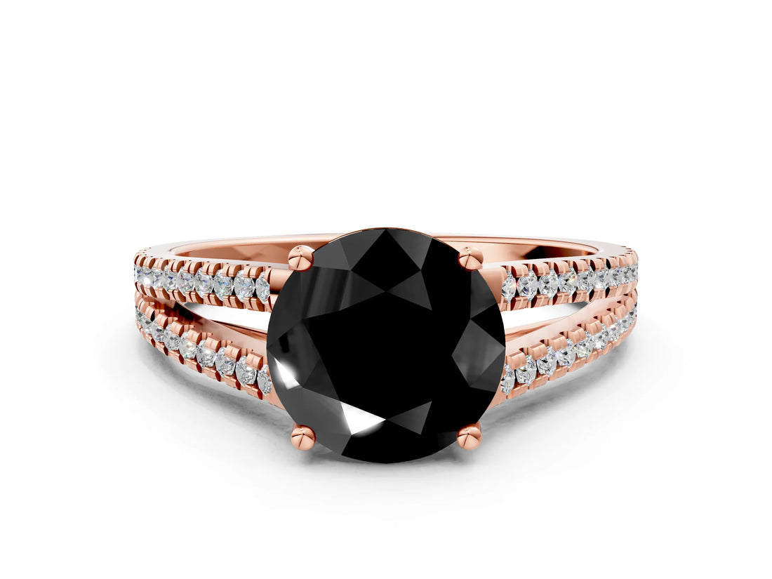 Rose gold Fancy Black Round Cut Solitaire Split Shank Pavé Diamond Engagement Ring