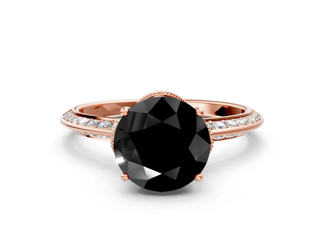 Rose gold Fancy Black Round Cut Solitaire Split Shank Pave Diamond Engagement Ring with Four-Prong Setting_24