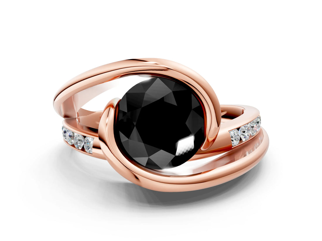 Rose gold Fancy Black Round Cut Solitaire Tension-Set Diamond Split Shank Ring