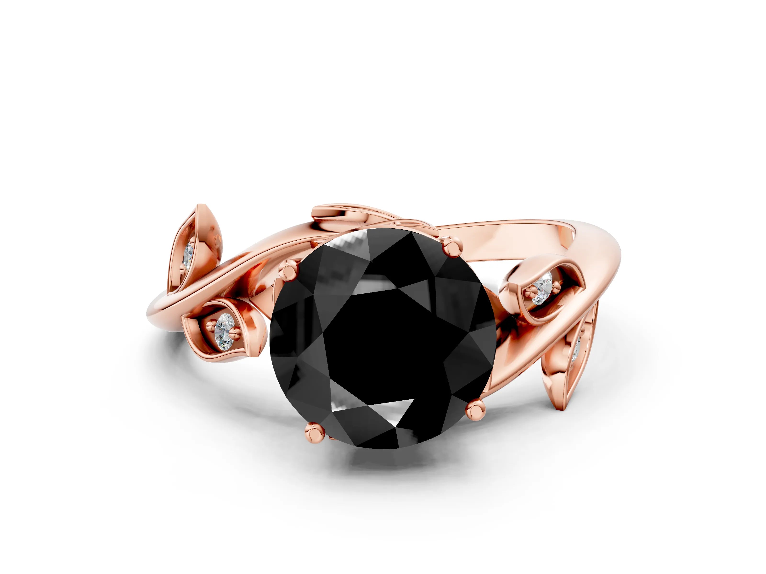 Rose gold Fancy Black Round Cut Solitaire Twist Engagement Ring with Leaf Accents and Prong Setting_12