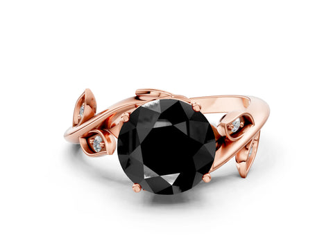 Rose gold Fancy Black Round Cut Solitaire Twist Engagement Ring with Leaf Accents and Prong Setting_12