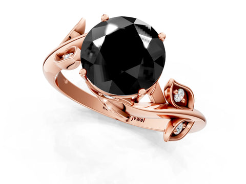 Rose gold Fancy Black Round Cut Solitaire Twist Engagement Ring with Leaf Accents and Prong Setting_13