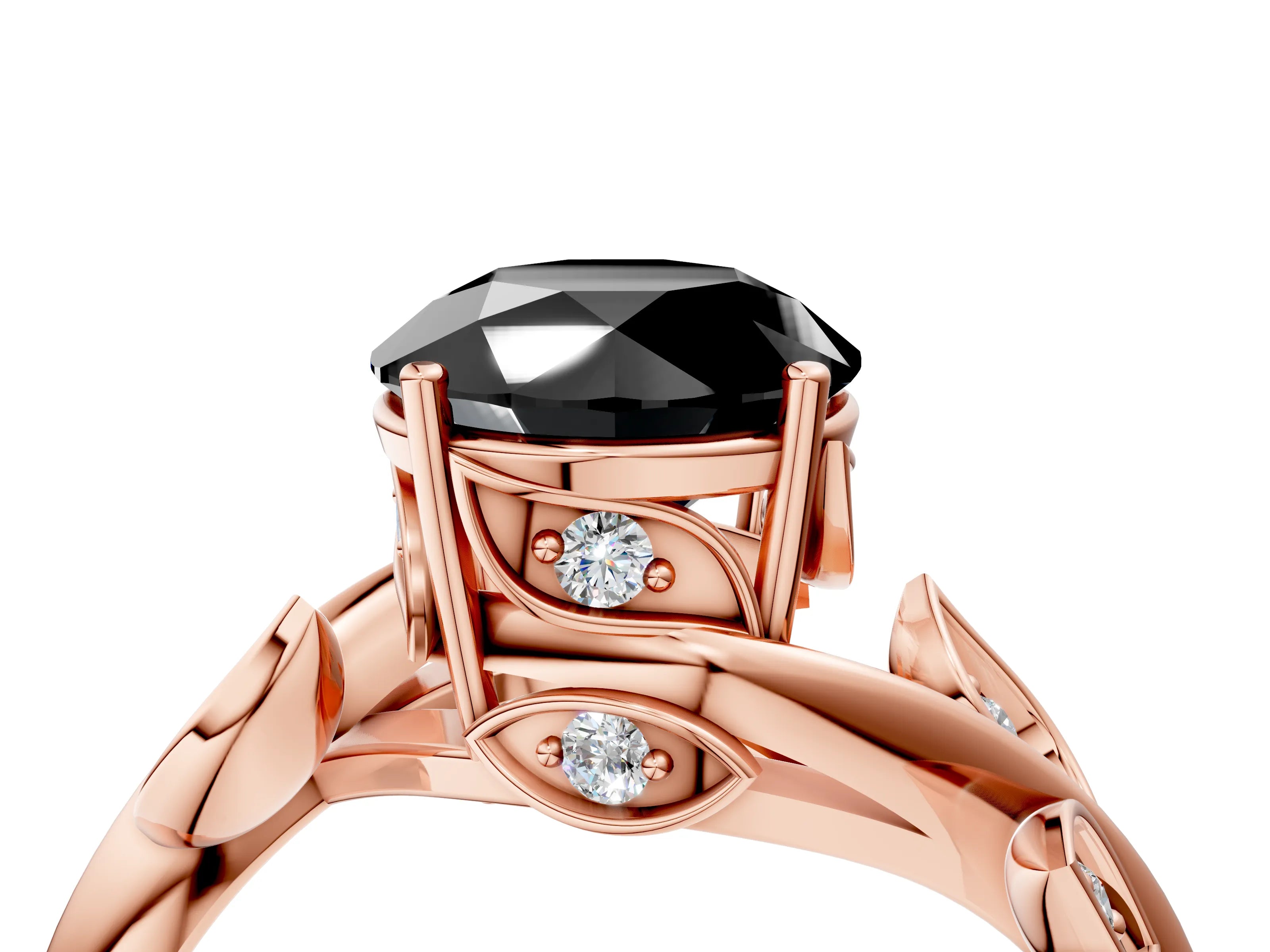 Rose gold Fancy Black Round Cut Solitaire Twist Engagement Ring with Leaf Accents and Prong Setting_16