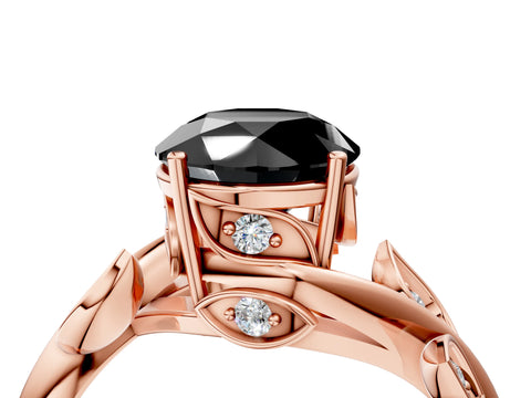 Rose gold Fancy Black Round Cut Solitaire Twist Engagement Ring with Leaf Accents and Prong Setting_16