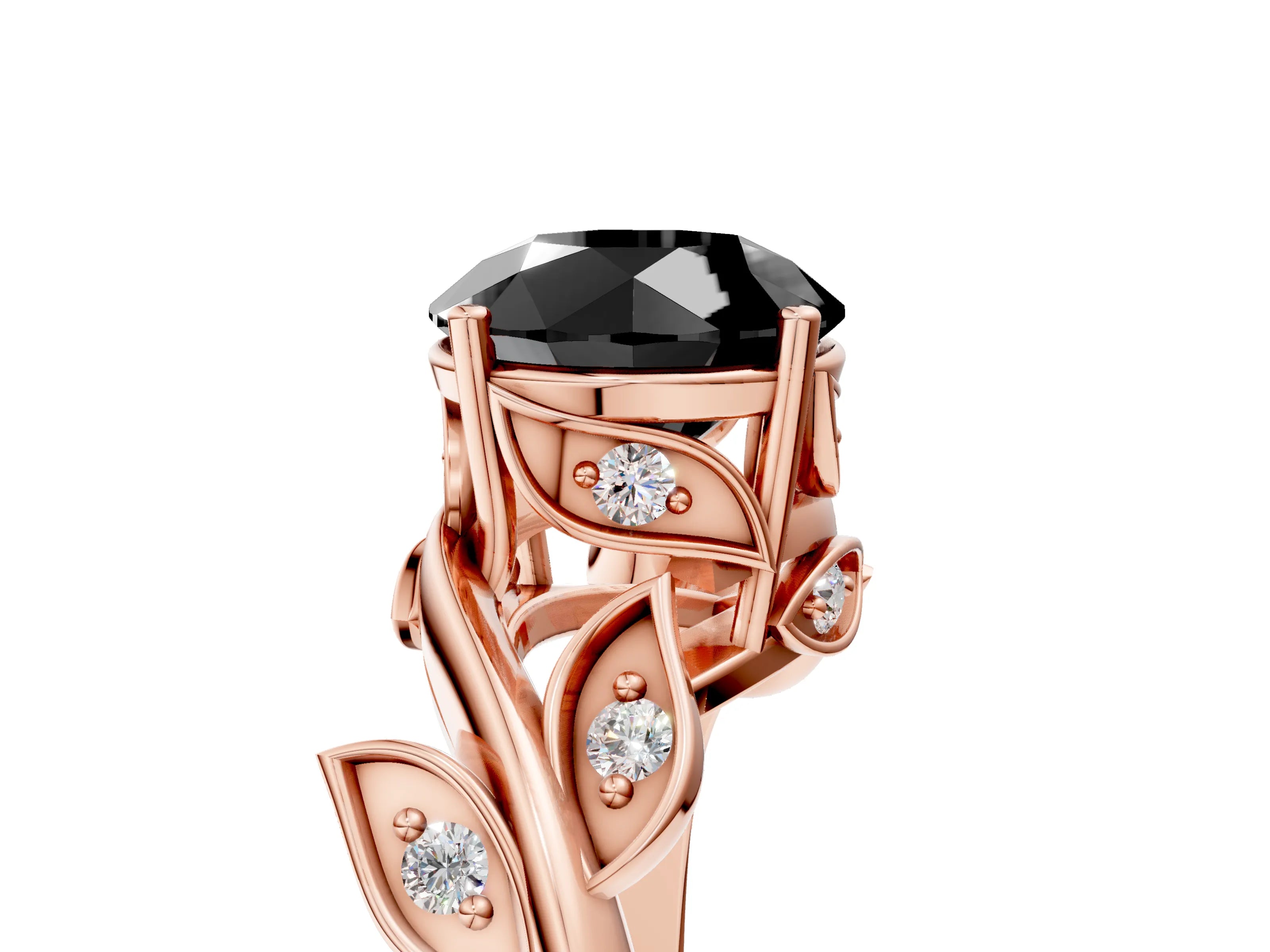 Rose gold Fancy Black Round Cut Solitaire Twist Engagement Ring with Leaf Accents and Prong Setting_17