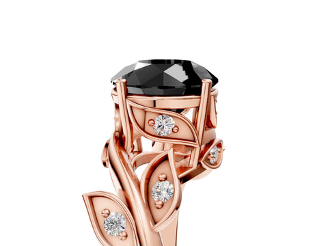 Rose gold Fancy Black Round Cut Solitaire Twist Engagement Ring with Leaf Accents and Prong Setting_5
