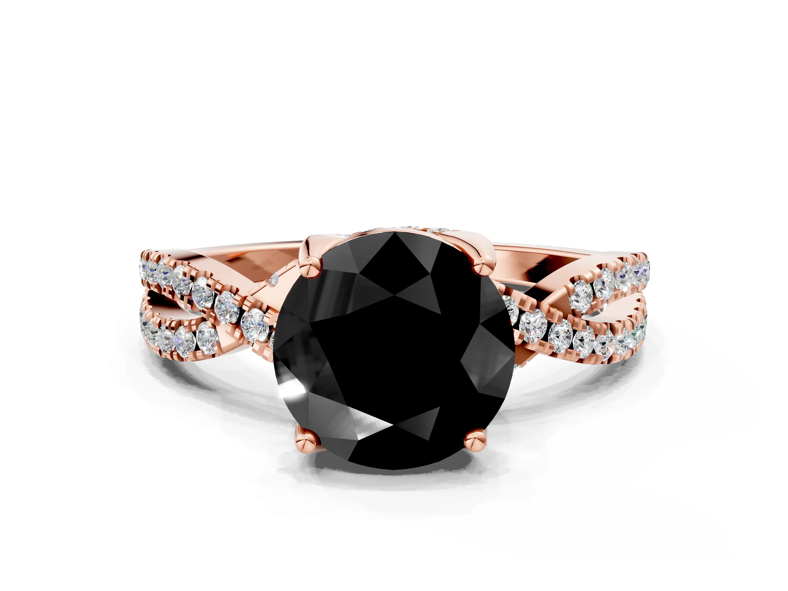 Rose gold Fancy Black Round Cut Solitaire Twist Pave Diamond Engagement Ring with Prong Setting