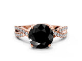 Rose gold Fancy Black Round Cut Solitaire Twist Pave Diamond Engagement Ring with Prong Setting