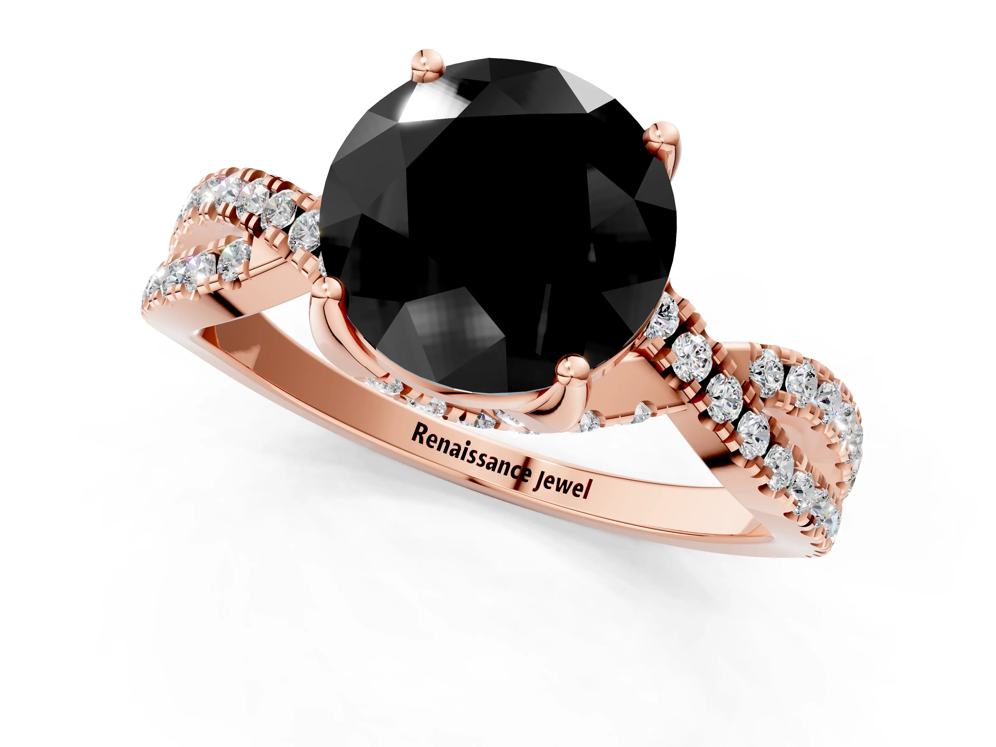 Rose gold Fancy Black Round Cut Solitaire Twist Pave Diamond Engagement Ring with Prong Setting_1