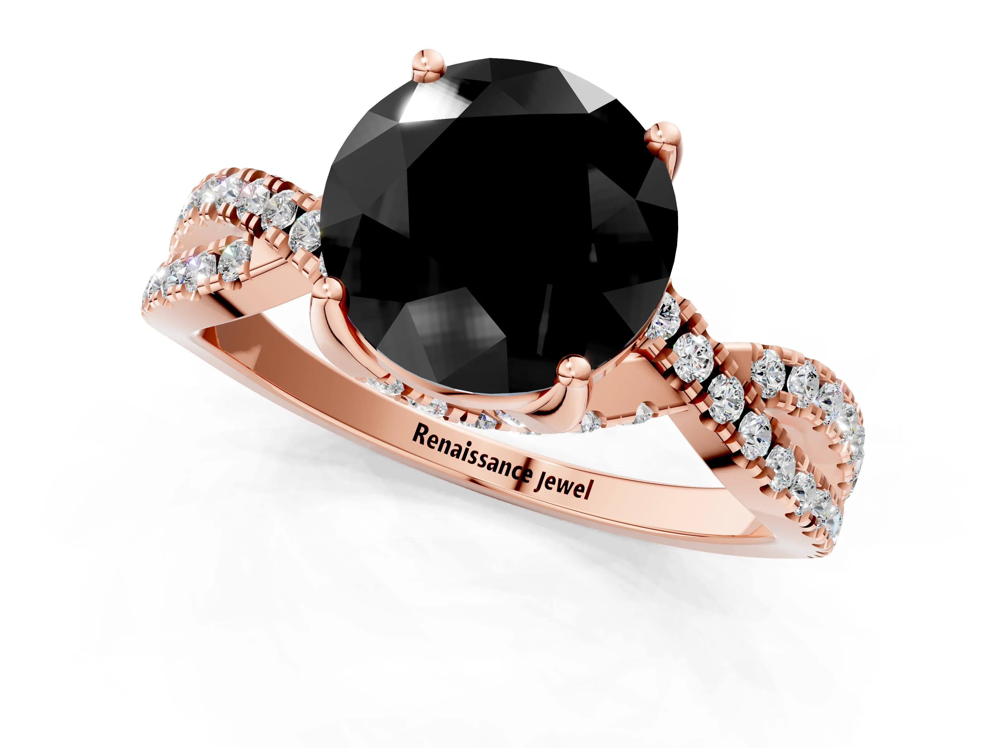 Rose gold Fancy Black Round Cut Solitaire Twist Pave Diamond Engagement Ring with Prong Setting_25