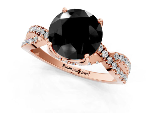 Rose gold Fancy Black Round Cut Solitaire Twist Pave Diamond Engagement Ring with Prong Setting_25