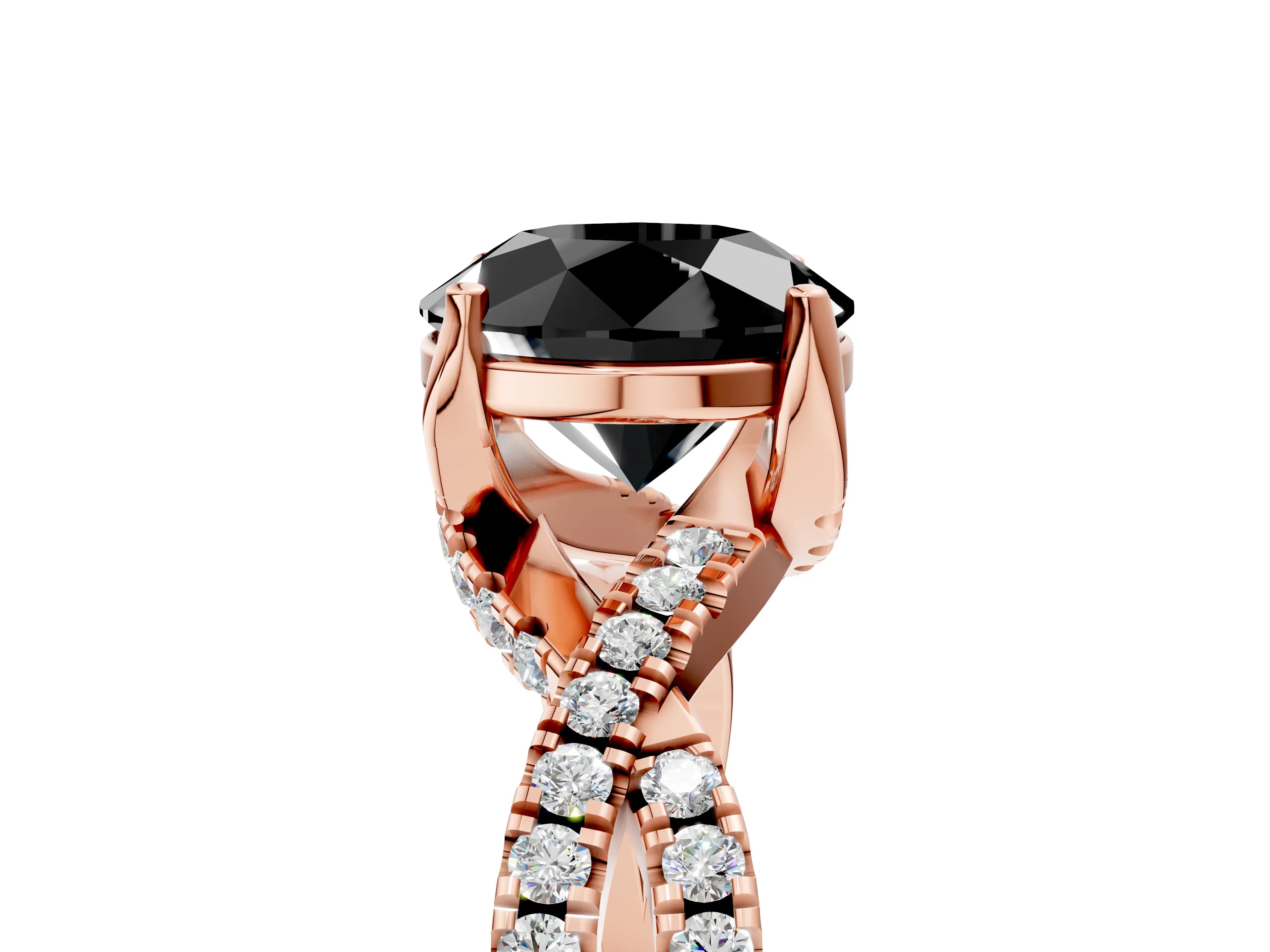 Rose gold Fancy Black Round Cut Solitaire Twist Pave Diamond Engagement Ring with Prong Setting_29
