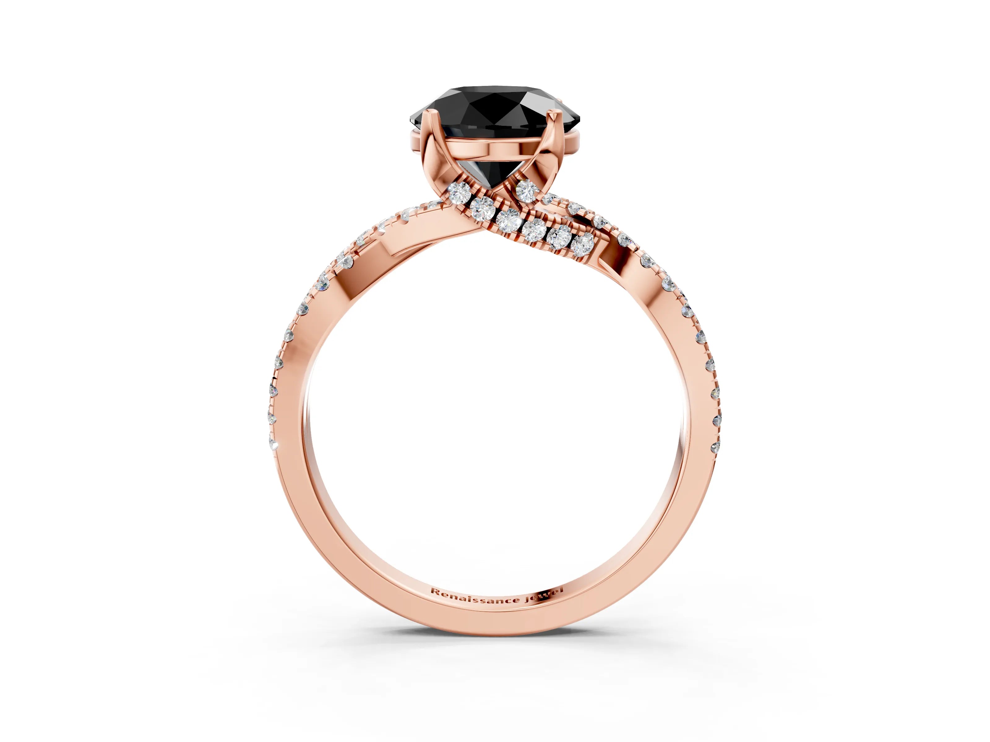 Rose gold Fancy Black Round Cut Solitaire Twist Pave Diamond Engagement Ring with Prong Setting_3