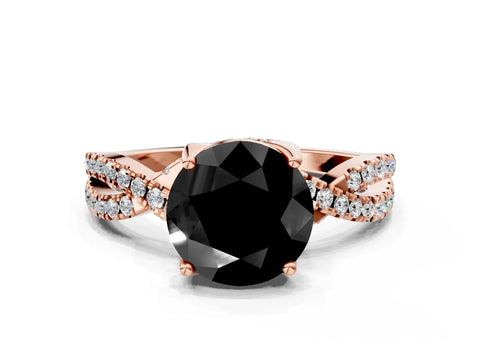 Rose gold Fancy Black Round Cut Solitaire Twist Pave Diamond Engagement Ring with Prong Setting