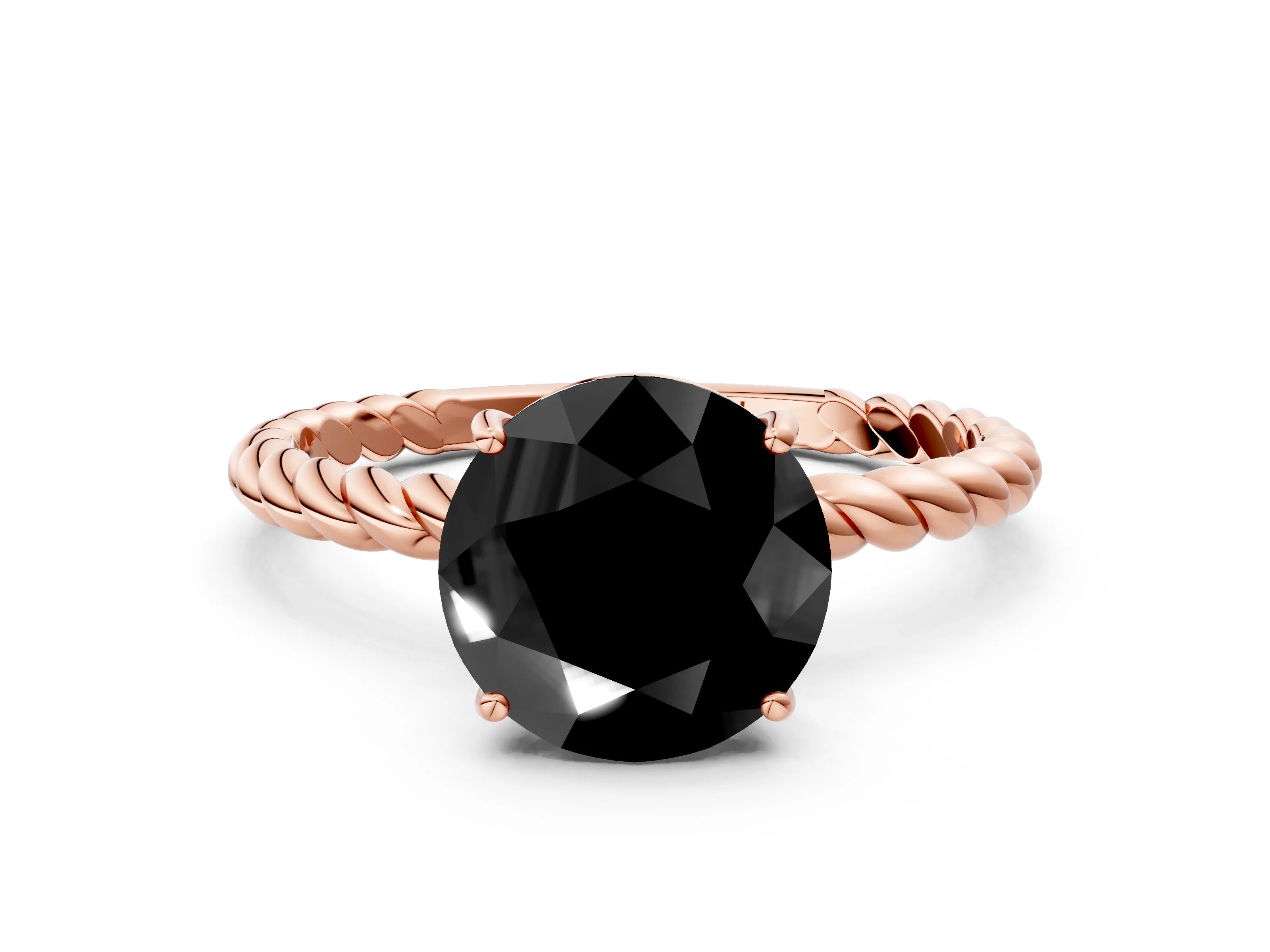 Rose gold Fancy Black Round Cut Solitaire Twisted Band 4-Prong Ring