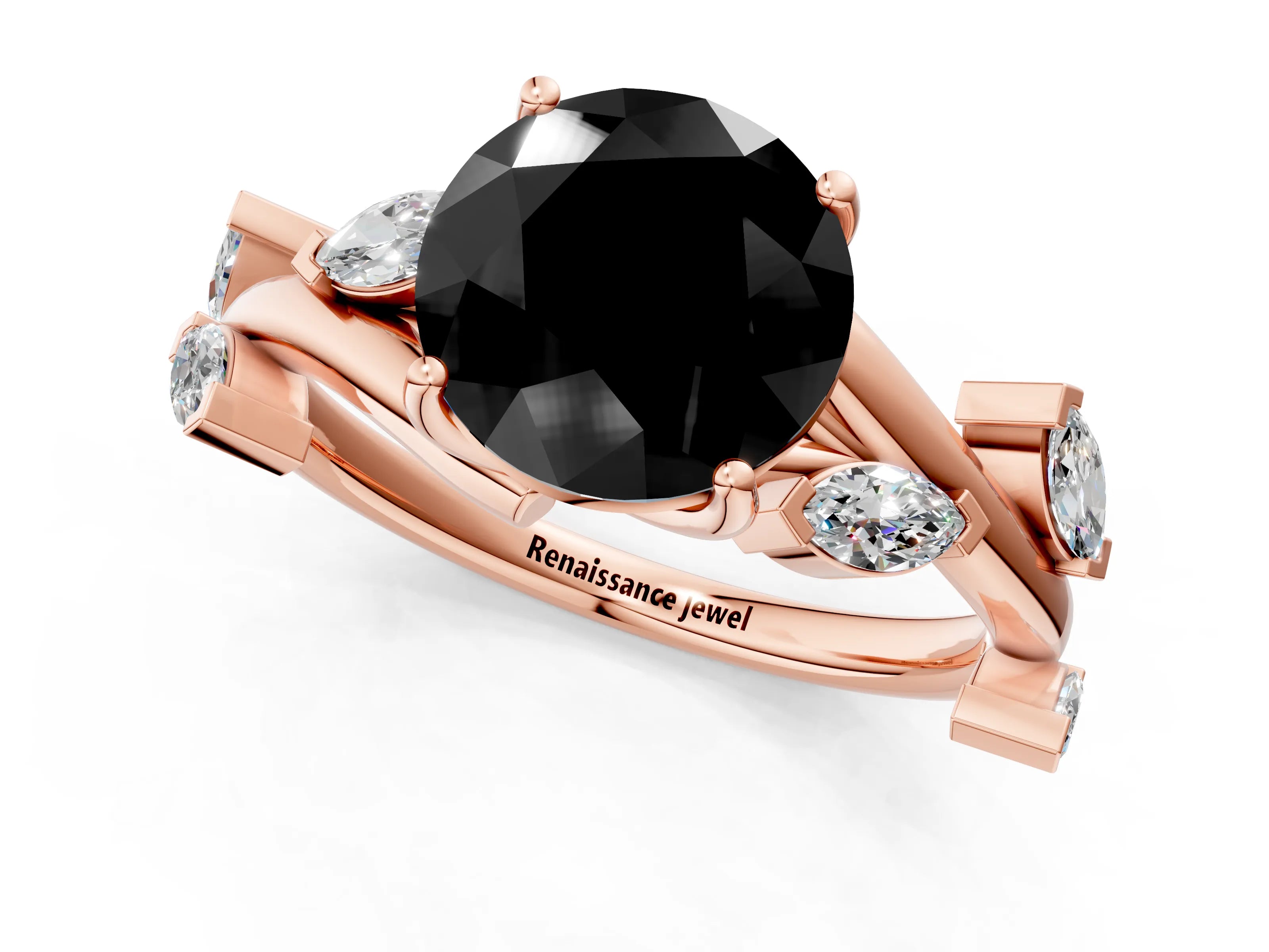 Rose gold Fancy Black Round Cut Solitaire Twisted Band Marquise Accent Prong Setting Ring_1