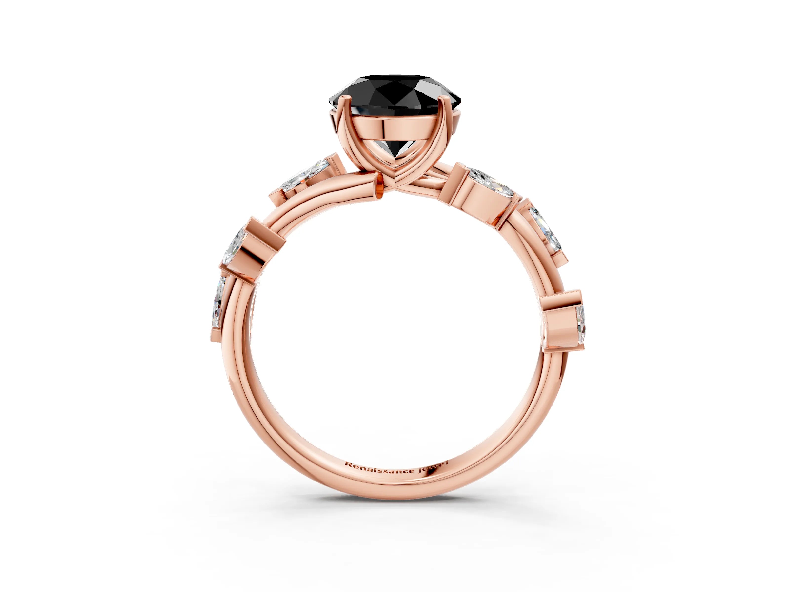 Rose gold Fancy Black Round Cut Solitaire Twisted Band Marquise Accent Prong Setting Ring_15