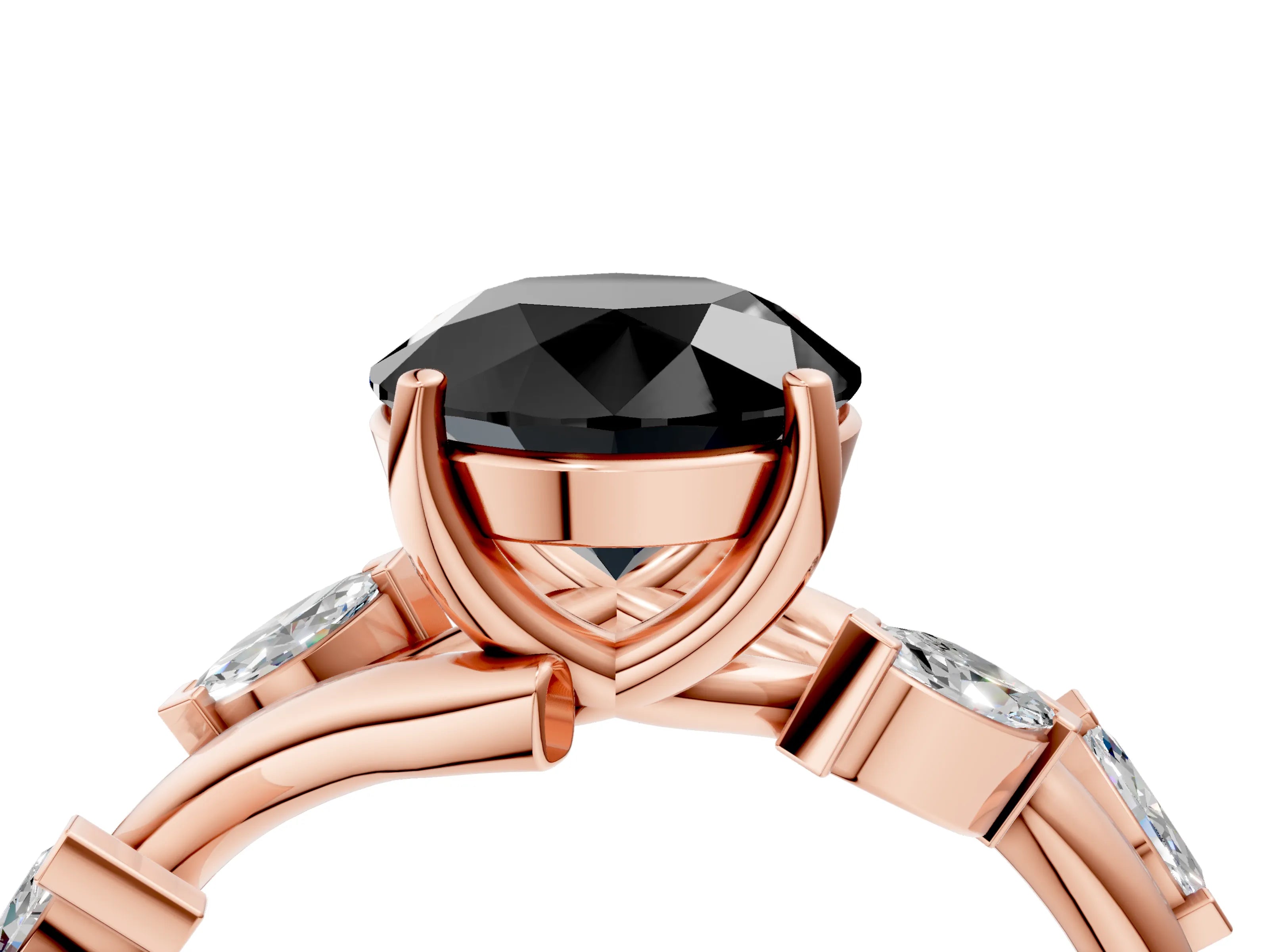 Rose gold Fancy Black Round Cut Solitaire Twisted Band Marquise Accent Prong Setting Ring_16