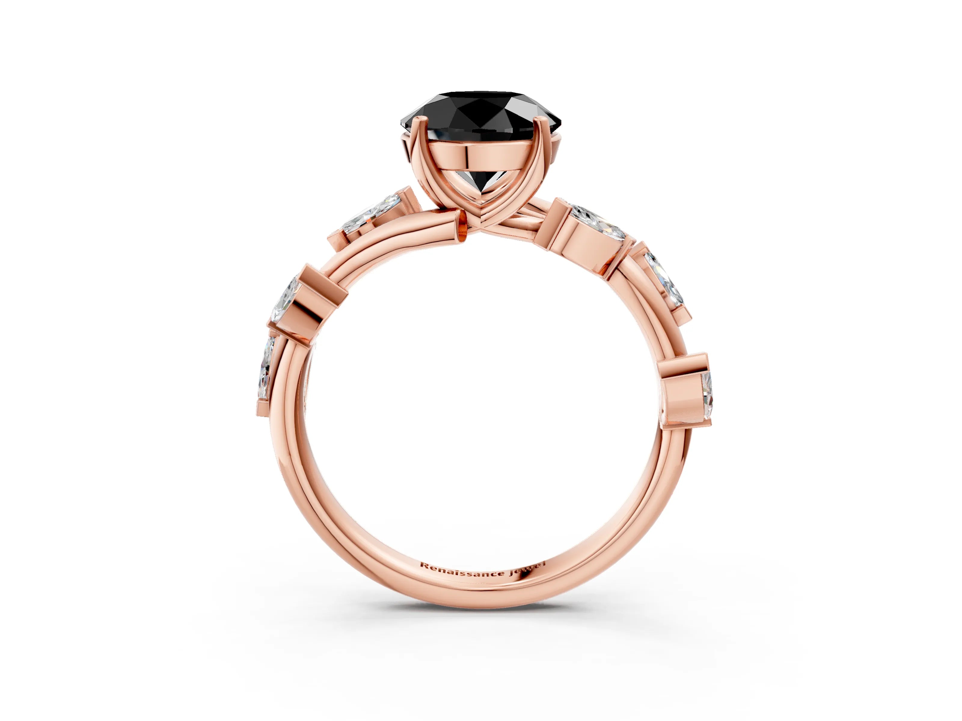 Rose gold Fancy Black Round Cut Solitaire Twisted Band Marquise Accent Prong Setting Ring_3