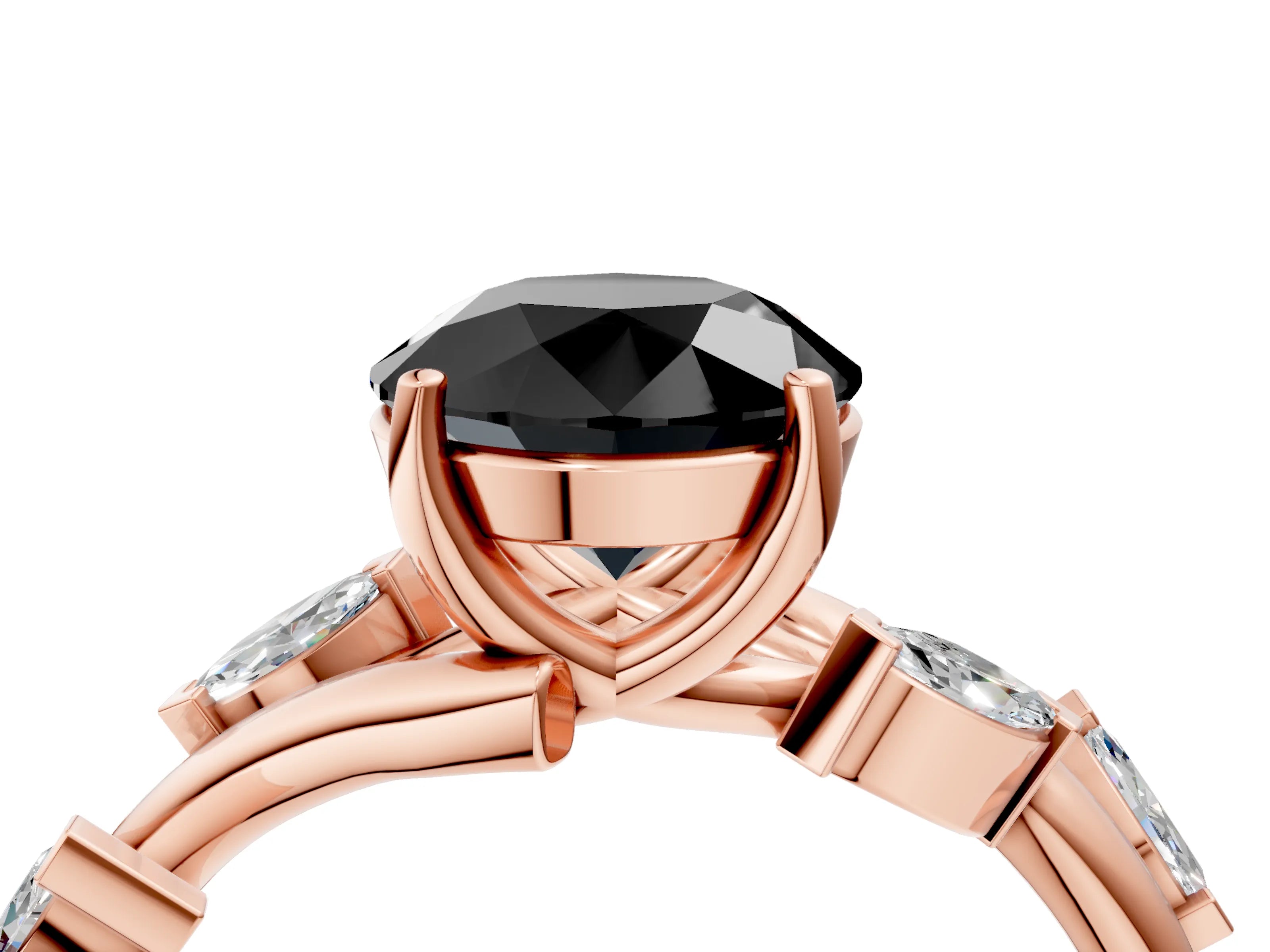 Rose gold Fancy Black Round Cut Solitaire Twisted Band Marquise Accent Prong Setting Ring_4