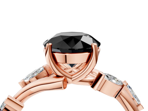 Rose gold Fancy Black Round Cut Solitaire Twisted Band Marquise Accent Prong Setting Ring_4