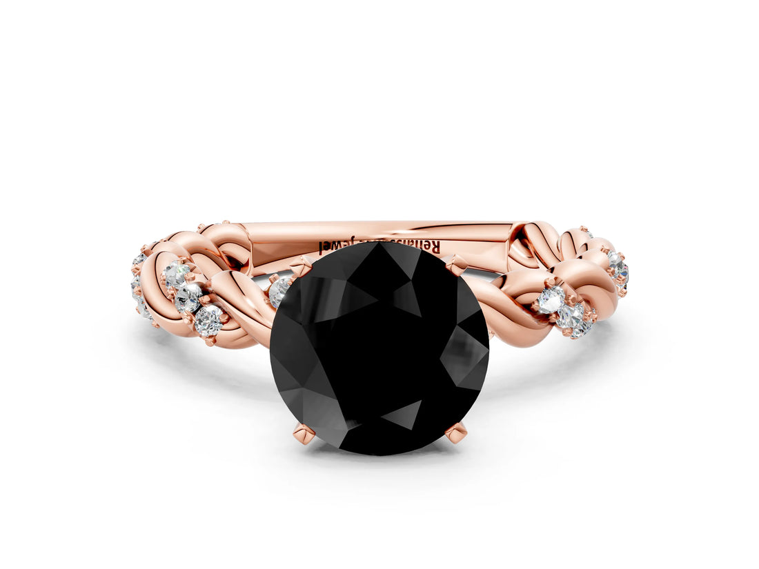Rose gold Fancy Black Round Cut Solitaire Twisted Band with Pavé Accents and Four-Prong Setting