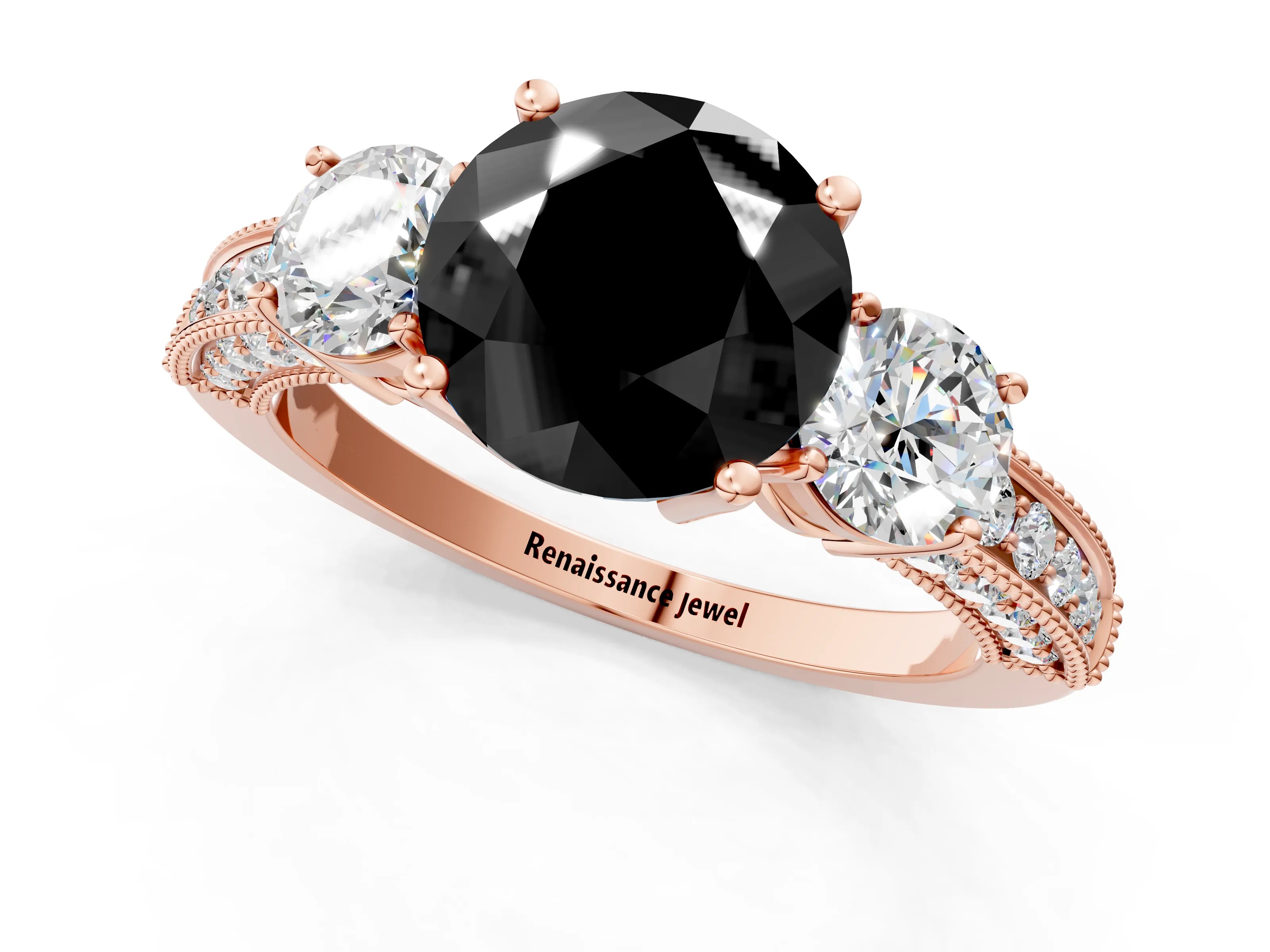 Rose gold Fancy Black Round Cut Three-Stone Diamond Ring with Pavé Band and Four-Prong Setting_1
