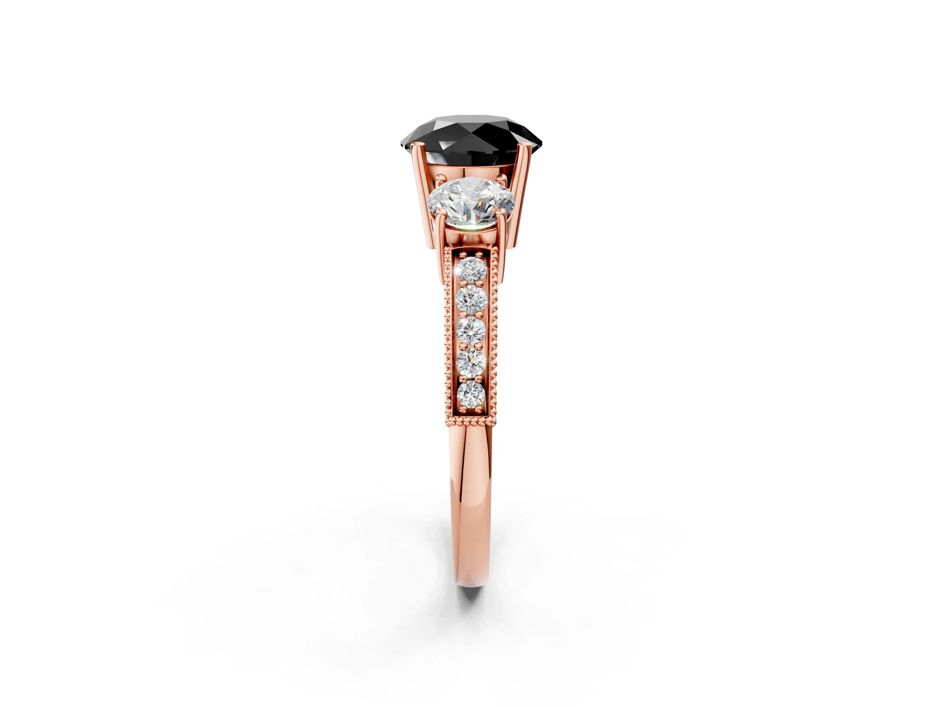 Rose gold Fancy Black Round Cut Three-Stone Diamond Ring with Pavé Band and Four-Prong Setting_2