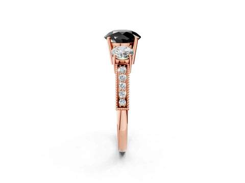 Rose gold Fancy Black Round Cut Three-Stone Diamond Ring with Pavé Band and Four-Prong Setting_2