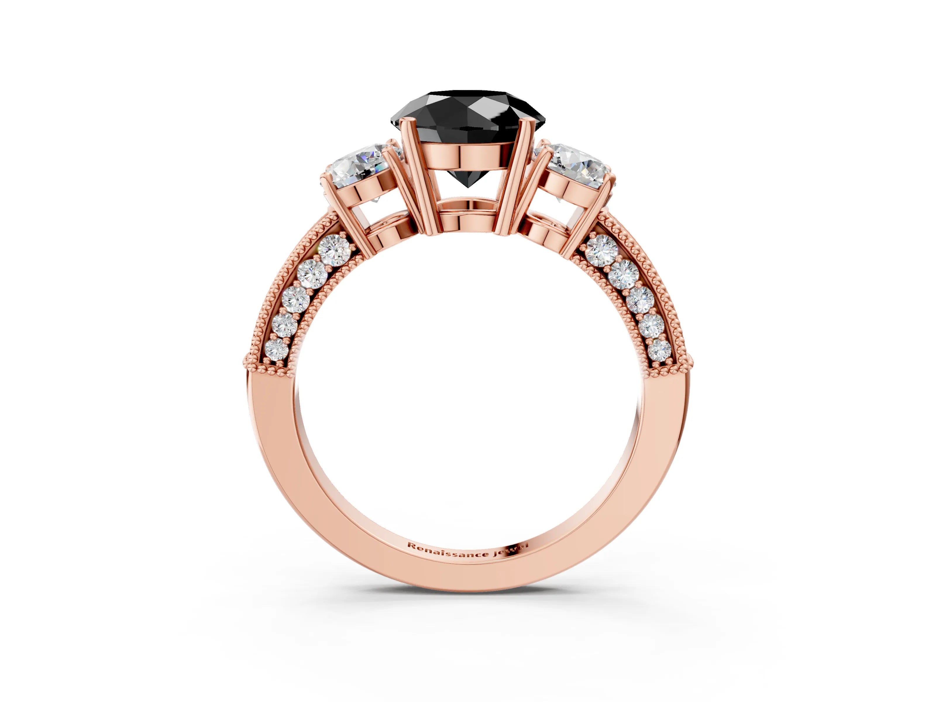Rose gold Fancy Black Round Cut Three-Stone Diamond Ring with Pavé Band and Four-Prong Setting_3