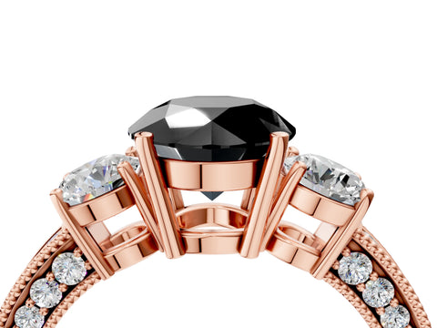 Rose gold Fancy Black Round Cut Three-Stone Diamond Ring with Pavé Band and Four-Prong Setting_4