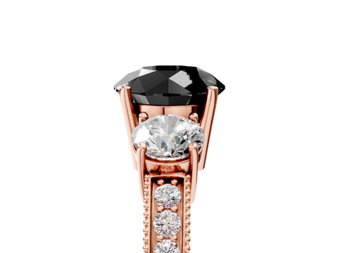 Rose gold Fancy Black Round Cut Three-Stone Diamond Ring with Pavé Band and Four-Prong Setting_5