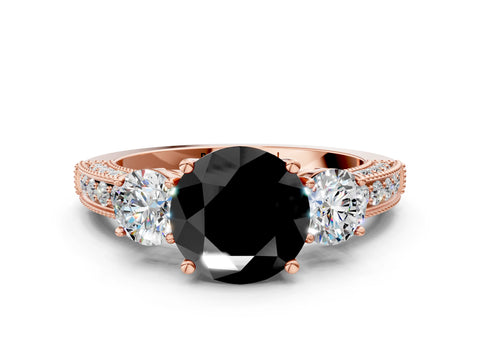 Rose gold Fancy Black Round Cut Three-Stone Diamond Ring with Pavé Band and Four-Prong Setting