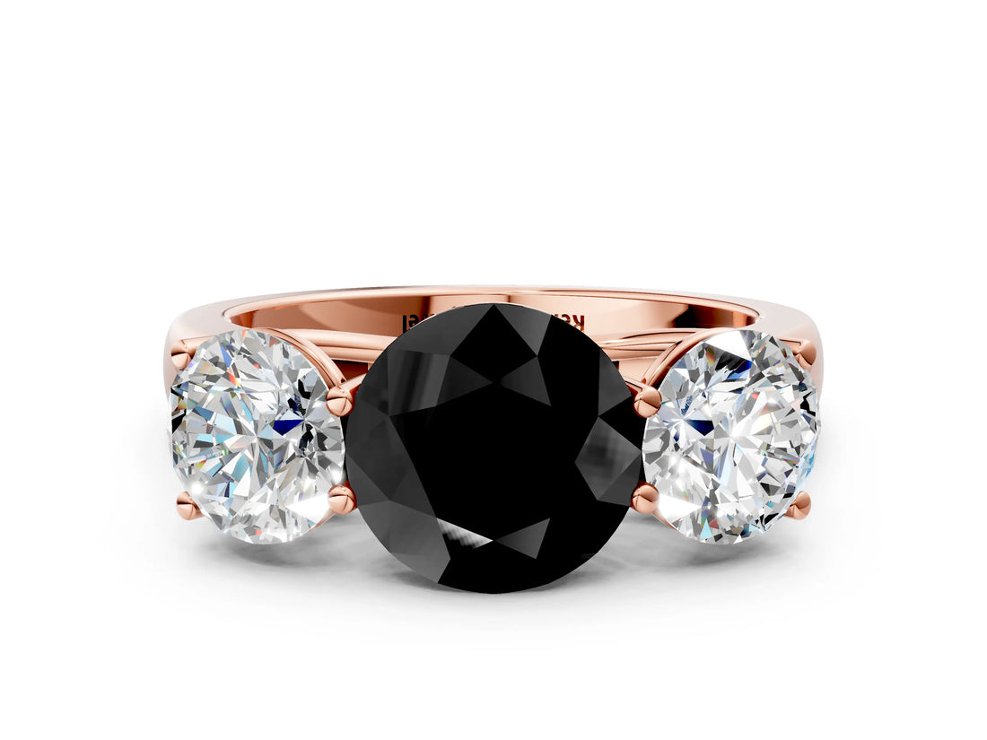 Rose gold Fancy Black Round Cut Three-Stone Diamond Ring with Prong Setting on a Classic Band_12