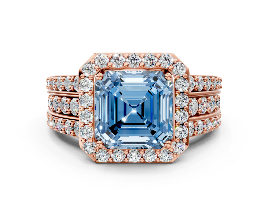 Rose gold Fancy Blue Asscher -Cut Halo Diamond Ring with Split Shank and Four-Prong Setting_50
