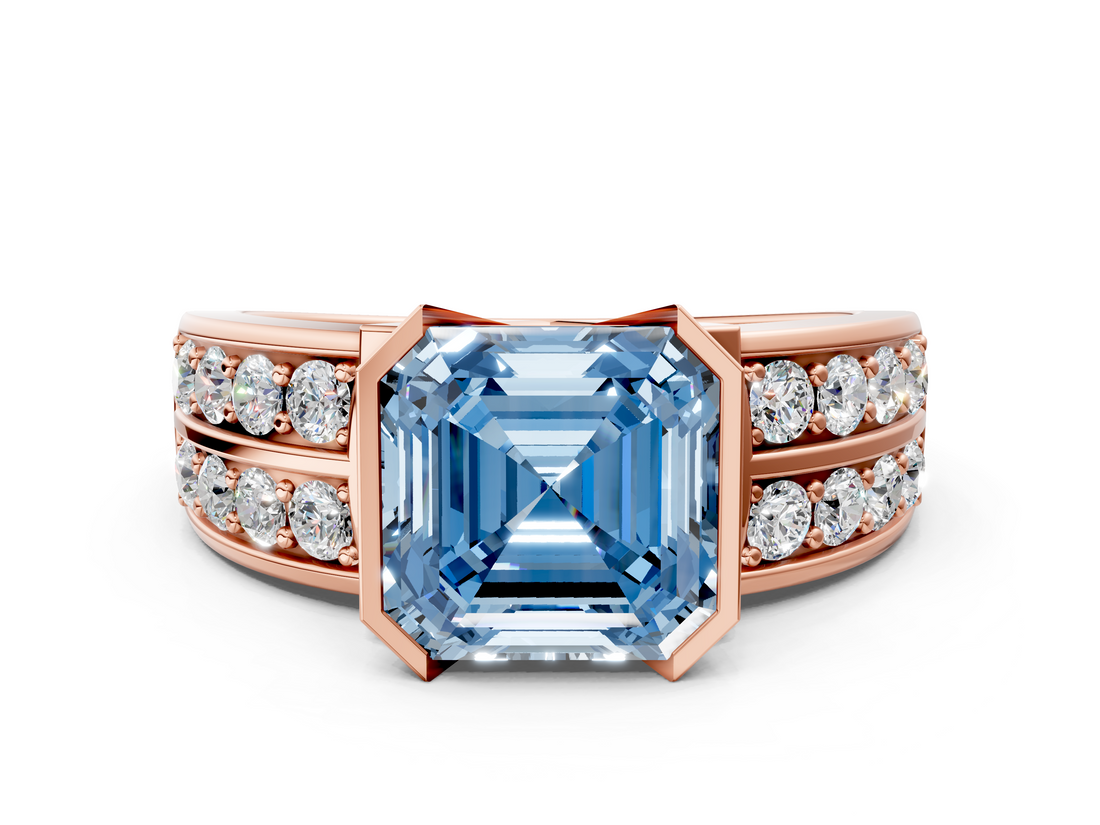 Rose gold Fancy Blue Asscher  Brilliant Diamond Channel Set Wide Band Ring with Bezel Setting