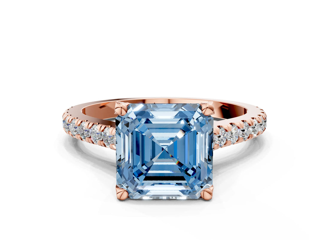 Rose gold Fancy Blue Asscher  Brilliant Diamond Solitaire with Pavé Band and Four-Prong Setting
