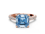 Rose gold Fancy Blue Asscher  Brilliant Diamond Solitaire with Pavé Band and Four-Prong Setting