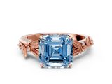Rose gold Fancy Blue Asscher  Brilliant Solitaire with Leaf Motif Band and Four-Prong Setting