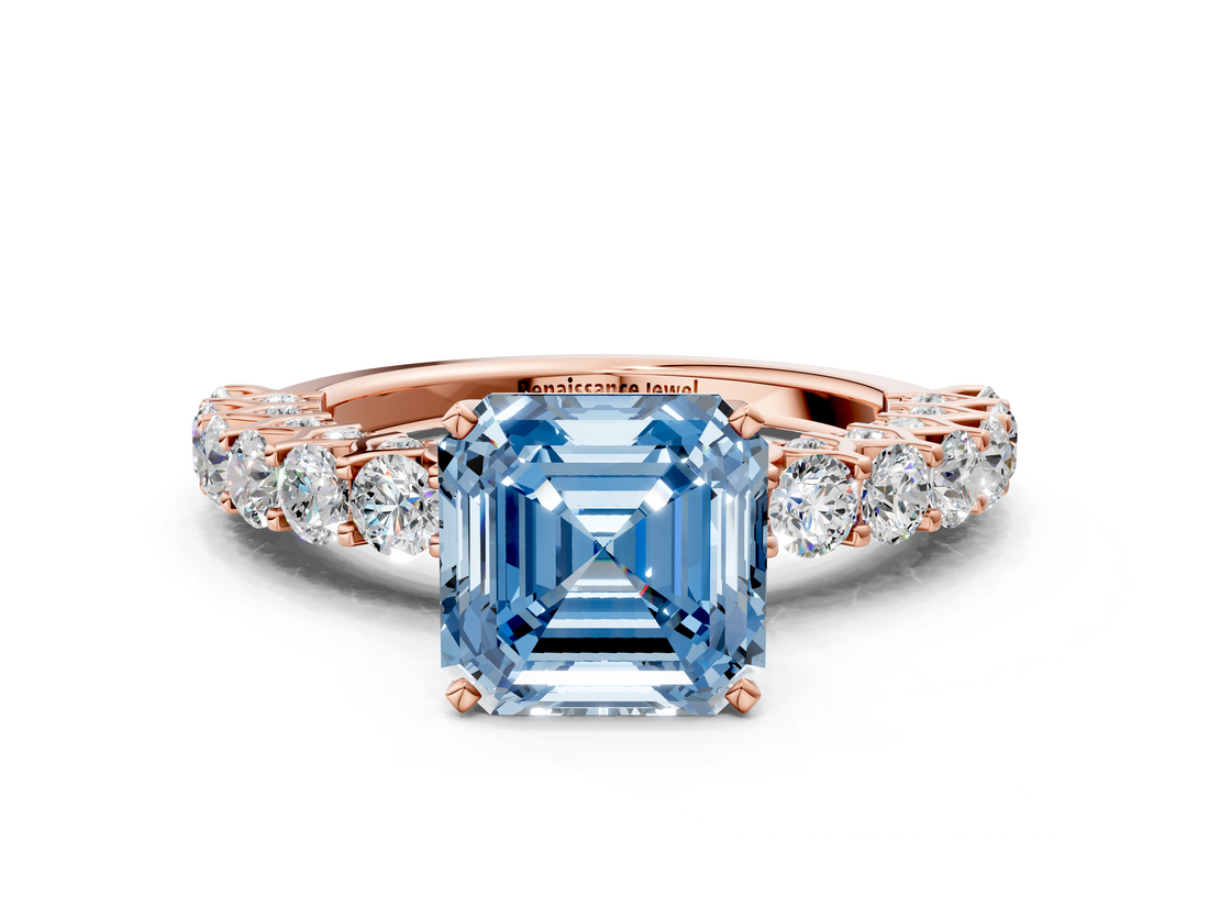 Rose gold Fancy Blue Asscher  Brilliant Solitaire with Pavé Band and Four-Prong Setting