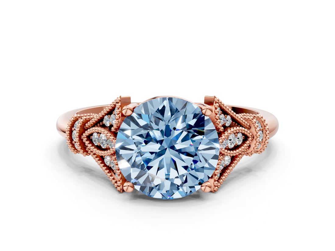 Rose gold Fancy Blue Asscher  Brilliant Solitaire with Pave Band and Four-Prong Setting