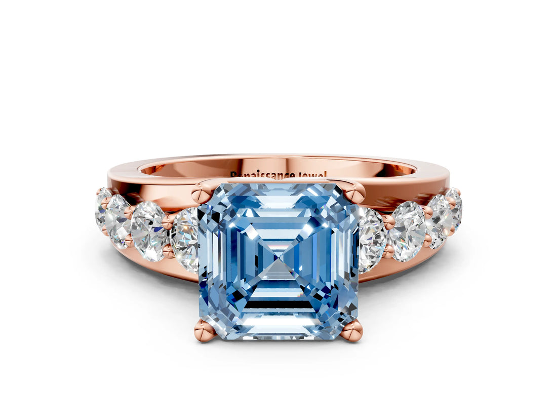 Rose gold Fancy Blue Asscher  Brilliant Solitaire with Side Stones on a Pave Band and Four-Prong Setting_24