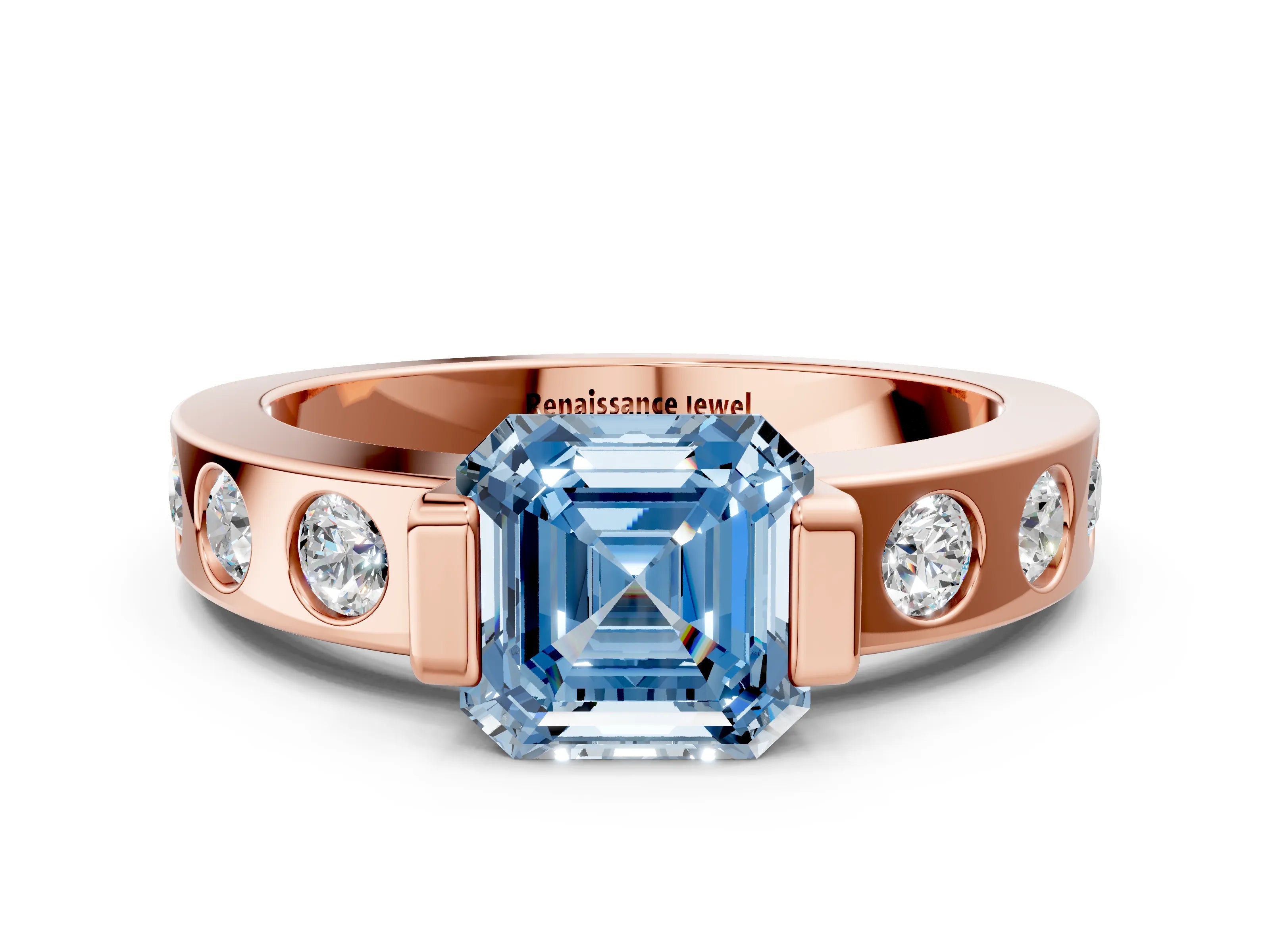 Rose gold Fancy Blue Asscher Cut Brilliant Channel-Set Diamond Ring with Bezel Prong Setting
