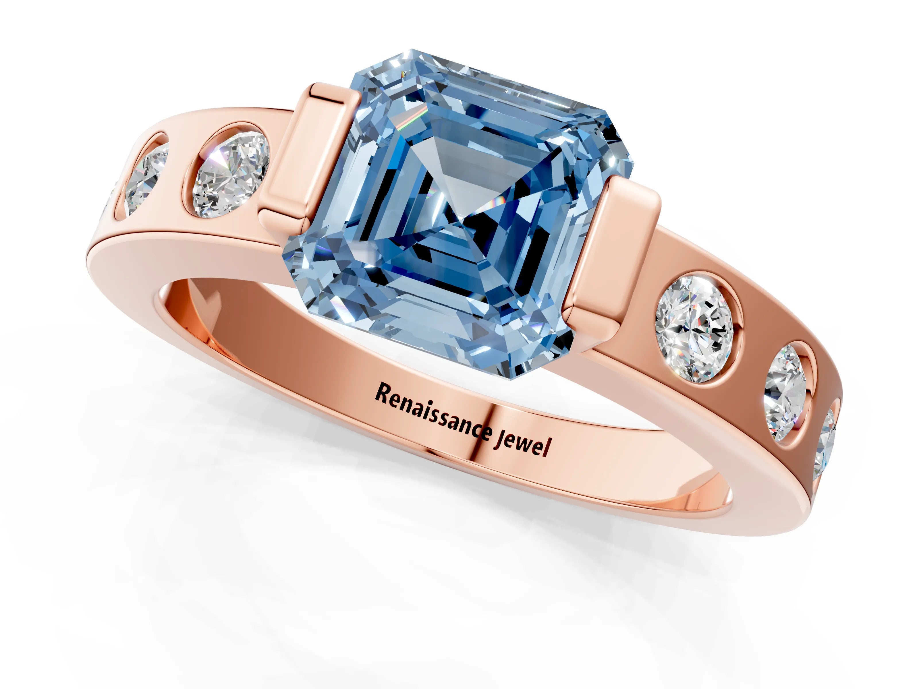 Rose gold Fancy Blue Asscher Cut Brilliant Channel-Set Diamond Ring with Bezel Prong Setting_1